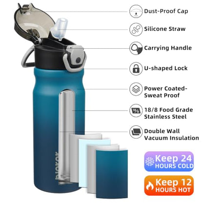 BJPKPK 18oz Insulated Water Bottle with Straw Stainless Steel Double Wall Water Bottles BPA Free Leak Proof Thermal Flask with Lockable Flip Lid and Soft Silicone Spout,Indigo Black - color: A-Indigo Black, size: 18 Ounces