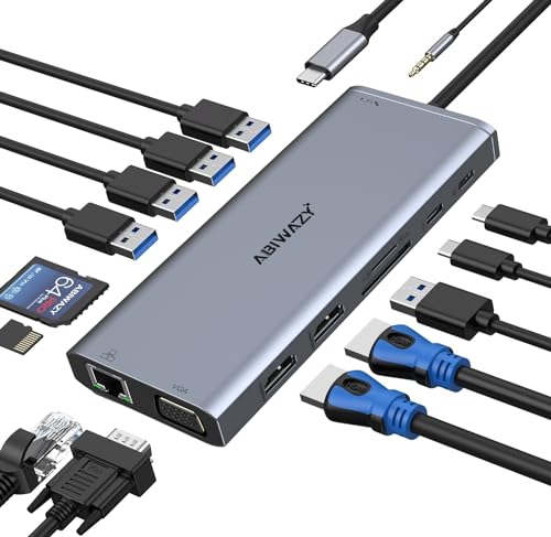 USB C Docking Station Dual Monitor for Dell/HP/Lenovo/Surface Laptop, 14 in 1 Triple Display Hub Multiple Adapter, Dongle with 2 HDMI 4K+VGA+5 Port+100W PD Charger+Ethernet+SD/TF+Audio - color: Grey