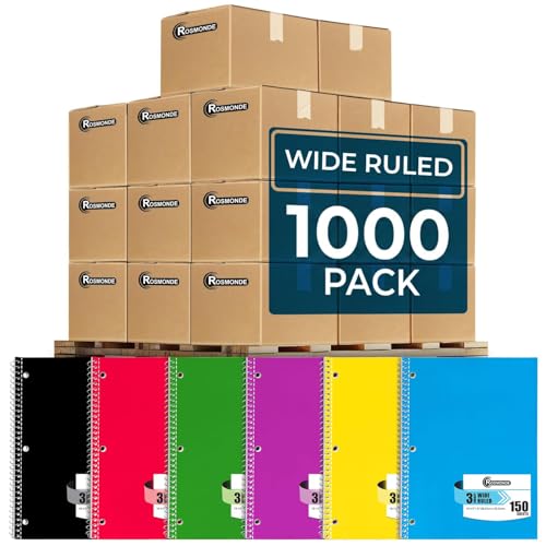 Rosmonde 1000 Packs (Pallet) 3 Subject Notebooks, Spiral Notebook Bulk, Wide Ruled, Pallet of Notebooks, 150 Sheets (300 pages), 8 x 10-1/2", Bulk Spiral Notebooks for School & Office, 4-7 Days Transit - size: 1000 Pack | Express Pallet