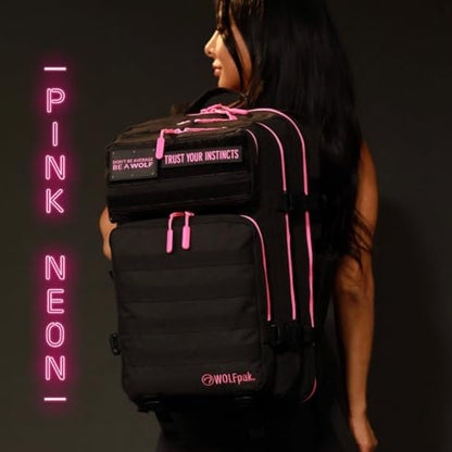 WOLFpak 45L Athletic Gym Backpack - Durable 1000D Waterproof Oxford Material with MOLLE Webbing, Laptop Pocket - color: Neon Pink