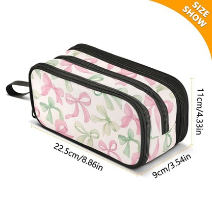 ALAZA Pink Green Bow Large Pencil Case, Pen Pouch Pencil Bag with 3 Compartments Pen Holder Organizer Stationery Bag - color: Green Bow