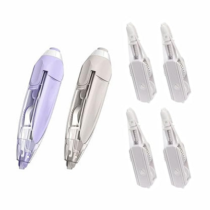 Begot Pen Shaped White Out Tape, Press Retractable, Replaceable Refill, for Corrections Office School Supplies(Purple + Grey + 4 Refills)