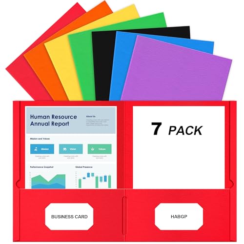 HABGP Two Pocket Folders, 7 Pack Paper Folders with Pockets Fit 8.5 x 11 Letter Size Paper, 7 Assorted Colors File Folders with Pockets and Business Card Slots for School Office Home Business