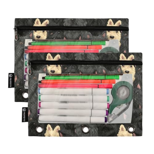 Gredecor 3 Ring Binder Pencil Pouch, Cute Black Scottish Terrier Dog (2) Zippered Pen Case Pouches with Clear Window, 2 Pack Stylish Office & School Supplie - color: Cute Black Scottish Terrier Dog (2)
