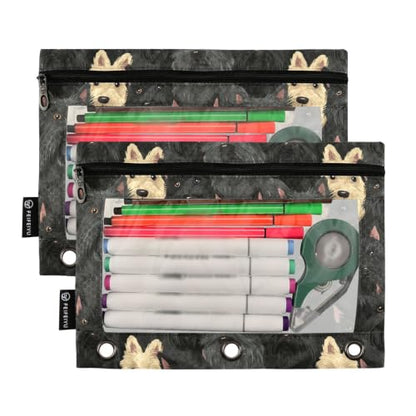 Gredecor 3 Ring Binder Pencil Pouch, Cute Black Scottish Terrier Dog (2) Zippered Pen Case Pouches with Clear Window, 2 Pack Stylish Office & School Supplie - color: Cute Black Scottish Terrier Dog (2)
