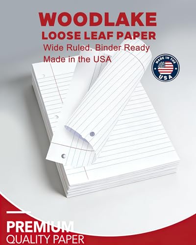 Woodlake Loose Leaf Paper, Wide Ruled Notebook Paper, 8 x 10.5”, 150 Sheets per Pack, 3 Pack Bulk Lined Filler Paper, 3 Hole Punched, 60gsm, Made in USA - color: Wide Ruled, size: 3 PACK(450 SHEETS)
