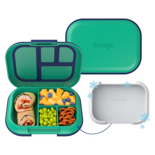 Bentgo Chill Kids Leakproof Lunch Box - 4-Compartment Bento Box with Built-In Ice Pack, 3.3 Cup Capacity, BPA-Free, Microwave & Dishwasher Safe Tray, Ages 3–7 (Green/Navy) - color: Green/Navy