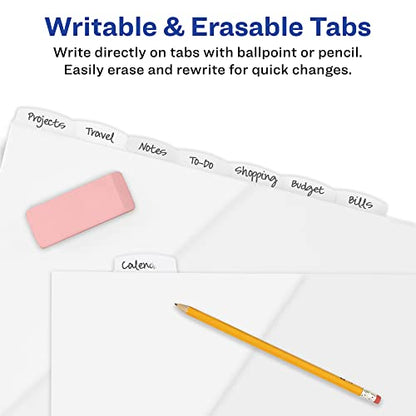 Avery Durable Plastic 8 Tab Write & Erase Dividers for 3 Ring Binders, Slash Pocket, Translucent White, Works with Sheet Protectors, 1 Set (16826)