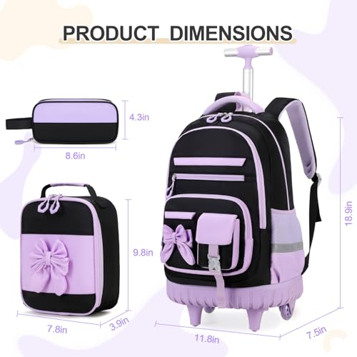 DIGOBAY Rolling Backpack for Girls, Cute Roller School Bag with Wheels, Kids Wheeled Backpacks Set with Lunch Bag Pencil Case for Teen Girls Kindergarten Elementary Middle School - color: Black-purple