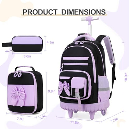 DIGOBAY Rolling Backpack for Girls, Cute Roller School Bag with Wheels, Kids Wheeled Backpacks Set with Lunch Bag Pencil Case for Teen Girls Kindergarten Elementary Middle School - color: Black-purple