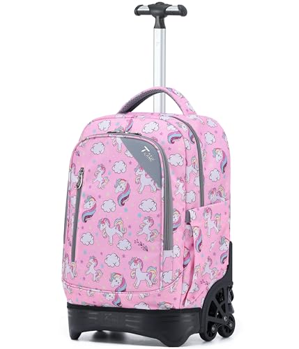 NEW TILAMI 18 Inch Rolling Backpack with Wheels for Girls Boys Kids Laptop Backpack School Travel, Pink Unicorn | Stair-Climbing Water-Resistant Height-Adjustable Trolley Handle Reinforced Stitching Multiple Compartments - color: Cute Unicorn