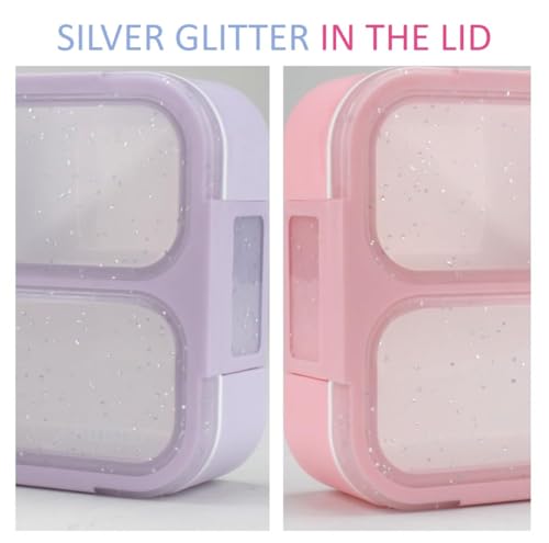 Small Glitter Snack Containers for Kids Toddlers - 3 Compartments (Set of 2) - Leak-Proof Reusable Boxes with Lids -BPA-Free Plastic Mini Bento Lunch Box - Ideal for School, Holds 2 Cups (Pink+Purple) - color: Pink Lilac Sparkle MINI 2pk