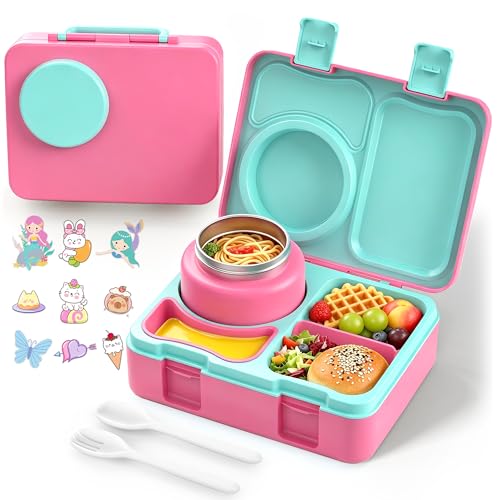 Bento Box for Kids, Leakproof Kids Bento Lunch Box Container with 8oz Insulated Thermo Food Jar, Sauce Jar, Utensil, DIY Stickers for School Boys Girls, 3-4 Compartments, BPA-Free - color: Rose Pink