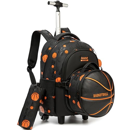 Kids Rolling Backpack Roller Backpack with Wheels Elementary Kindergarten Students Basketball Trolley School Bag for School Boys - color: Black