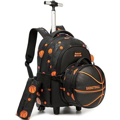 Kids Rolling Backpack Roller Backpack with Wheels Elementary Kindergarten Students Basketball Trolley School Bag for School Boys - color: Black