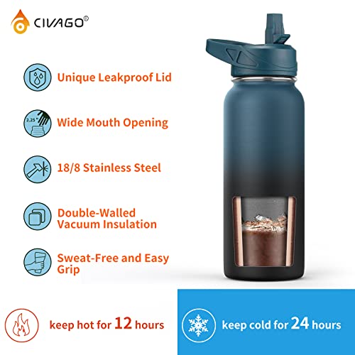 CIVAGO 64 oz Insulated Water Bottle With Straw, Half Gallon Stainless Steel Sports Water Flask Jug with 3 Lids (Straw, Spout and Handle Lid), Large Metal Thermal Cup Mug, Midnight Black - color: Black, size: 64 Ounces