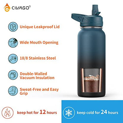 CIVAGO 32 oz Insulated Water Bottle With Straw, Stainless Steel Sports Water Cup Flask with 3 Lids (Straw, Spout and Handle Lid), Wide Mouth Travel Thermal Mug, Navy Blue - color: .Navy Blue, size: 32 Ounces