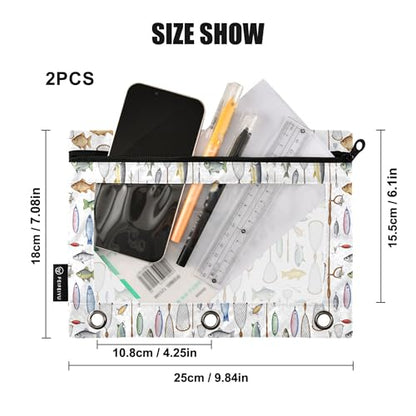 Deep Sea Fish Binder Pouches 3 Ring for Boys Girls School Office College Supplies Nautical Theme Ocean Coastl Pencil Pouches Case Bag with Clear Window and Zipper 2 Pack - color: Fish
