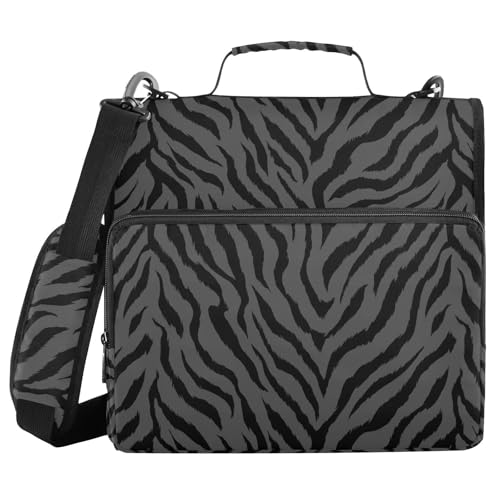 Tiger Print Black 3 Ring Zipper Binder with Shoulder Strap & Handle 1.5 Inch D-Ring Zippered Bag with Pencil Pouch,Multiple Pocket & Expanding File Folder, Binder Organizer for School or Office - color: Stripes Animal Black