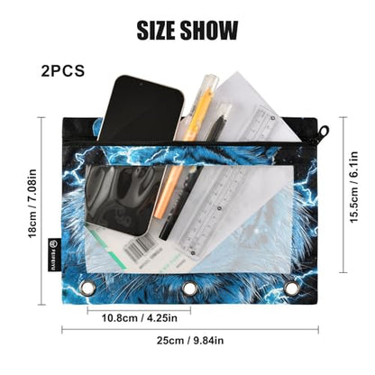 Blue Tiger Pencil Pouch for 3 Ring Binder Pencils Bag Pencil Case with Zipper Clear Window for School Office 2 Packs - color: Blue Lighting Tiger