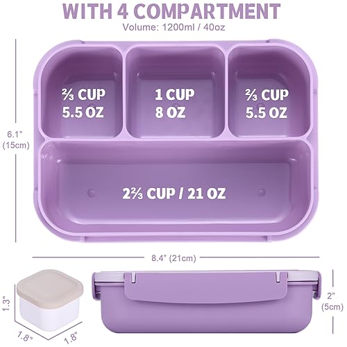 Bento Box Adult Lunch Box, Lunch Containers for Kids Girls Boys with 4 Compartments, Lunchable Food Container with Utensils, Sauce Jar, Muffin Liners, 40 Oz/5 Cup, Microwave Safe, Lavender - color: Lavender