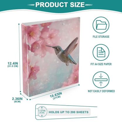 Cherry Blossom and Hummingbird Binder 3 Ring 1.5 Inch Binder with Clipboard&Pockets, Hardcover Binders Heavy Duty Large File Folder for Office School Supplies - Holds 200 Sheets - color: Cherry Blossom and Hummingbird, size: 1 Pack-12.4x10.63in