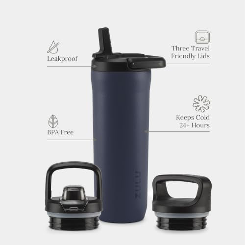 ZULU Base 18oz Kids Stainless Steel Water Bottle with 3 Lids- Straw, Chug, Twist | Double Walled and Vacuum Insulated Metal Thermos | Fits Car Cupholder, Built in Carry Loop, Dishwasher Safe, Navy - color: Galaxy Navy, style: 18oz