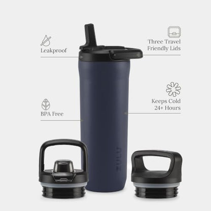 ZULU Base 18oz Kids Stainless Steel Water Bottle with 3 Lids- Straw, Chug, Twist | Double Walled and Vacuum Insulated Metal Thermos | Fits Car Cupholder, Built in Carry Loop, Dishwasher Safe, Navy - color: Galaxy Navy, style: 18oz