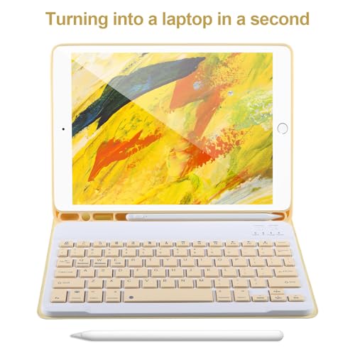 AHYWTAN Keyboard Case for iPad 9/8/7th Gen 10.2’’,Case with Keyboard ipad 10.2 inch,Detachable Bluetooth Keyboard with Pencil Holder,Yellow - color: Yellow