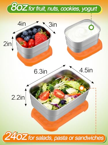 Alphatool 3pcs Leakproof Stainless Steel Lunch Box - Portable 8oz Snack Containers & 24oz Bento Box with Silicone Lids for Daycare School Office Camping Picnic, Dishwasher safe