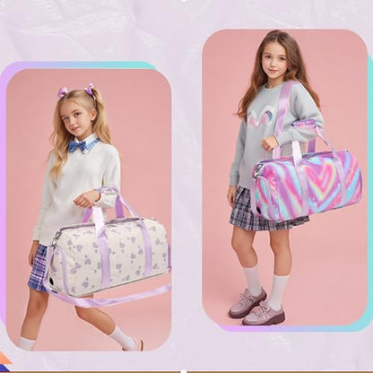 Jumpopack Corduroy Dance Bag Girls Duffle Bags Gymnastics Overnight Sleepover Gym Bag with Shoe Compartment and Wet Pocket,Heart Shape - color: Heart Beige
