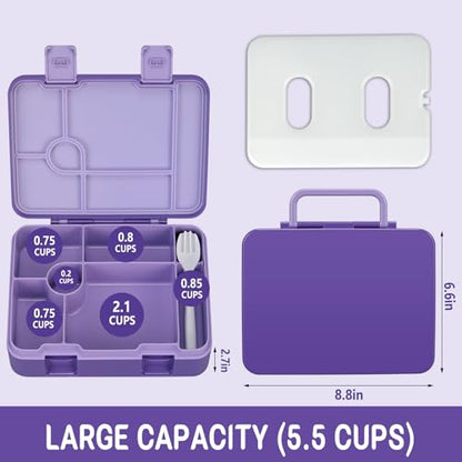 Kids Bento Lunch Box with Ice Pack, 5 Compartments Leak-Proof Bento Box with Utensils, 5.5-Cup Capacity for Adults & Ages 8+, BPA Free, Microwave & Dishwasher Safe, Purple - color: Purple