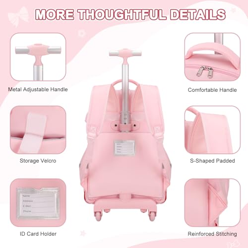 Scothen Rolling Backpack for Girls, Girls Backpack Set with Lunch Box & Pencil Pouch for Teen Girl Kids Children Elementary Middle School, Bookbag Daypack Laptop Travel Backpack with Wheels (Pink) - color: Pink
