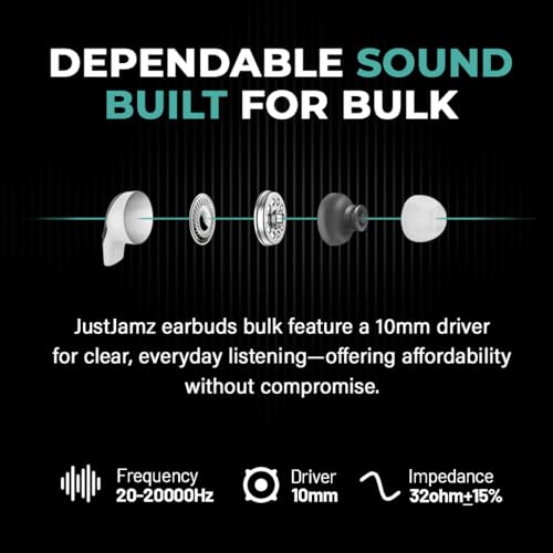 JustJamz Bulk Earbuds 100 Pack | Wired in-Ear Earphones for Classroom, Students, Kids, and Libraries | Disposable Headphones with 3.5mm Jack, Perfect for Schools, Laptops, and Chromebooks, Black