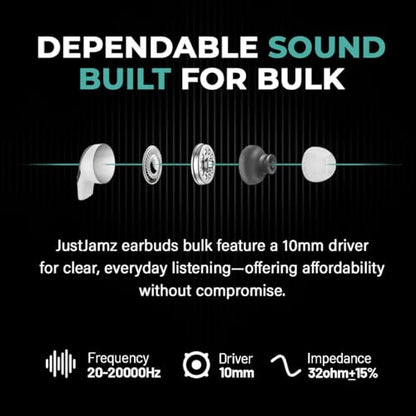 JustJamz Bulk Earbuds 100 Pack | Wired in-Ear Earphones for Classroom, Students, Kids, and Libraries | Disposable Headphones with 3.5mm Jack, Perfect for Schools, Laptops, and Chromebooks, Black