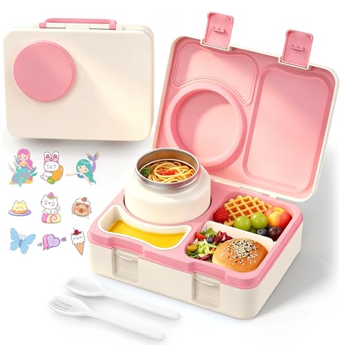 Bento Box for Kids, Leakproof Kids Bento Lunch Box Container with 8oz Insulated Thermo Food Jar, Sauce Jar, Utensil, DIY Stickers for School Boys Girls, 3-4 Compartments, BPA-Free - color: Beige Pink