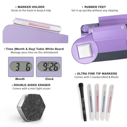 Small Glass Desk Whiteboard Dry-Erase Board with Clock, Small Travel Clock Keychain with Desk Notepad, Time Table Whiteboard for Desk Digital LED Light Display, 8x6 in with Accessories, Purple - color: Purple With Clock