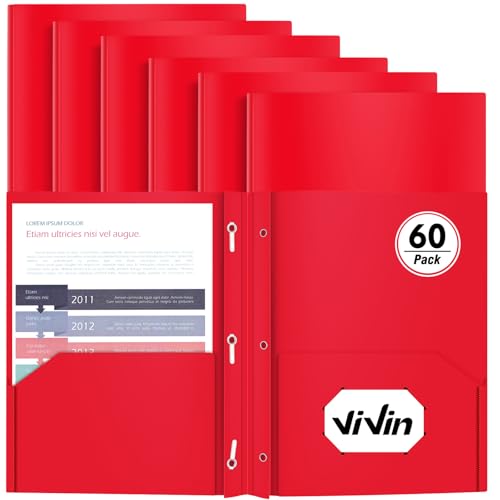 Heavy Duty Plastic Folder, 60 Pack, Pocket Folder with brads, Letter Size Poly File, Plastic Folders with 3 Prongs Fasteners - Red - color: Red, size: 60 PACK