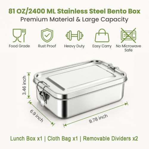 TeamFar Stainless Steel Bento Box, 81oz/2400ML Large Metal Lunch Box | Metal Lunch Container for Adults/Kids, for Home/School/Office/Travel, with 2 Removable Dividers, Leak-Proof & Dishwasher Safe - size: 2400ML
