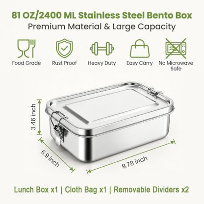 TeamFar Stainless Steel Bento Box, 81oz/2400ML Large Metal Lunch Box | Metal Lunch Container for Adults/Kids, for Home/School/Office/Travel, with 2 Removable Dividers, Leak-Proof & Dishwasher Safe - size: 2400ML