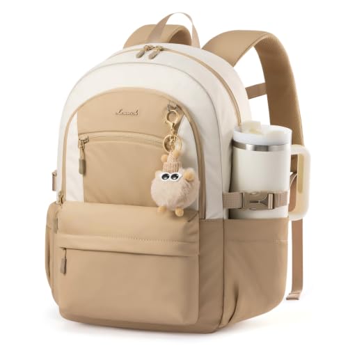 LOVEVOOK School Backpack for Teen Girls & Women 35L Large Laptop Backpack | Cute Plush Charm, Fits 40oz Tumbler, Waterproof Student Bookbag for Girls 10-12, Middle & High School, College Travel Work - color: Khaki, size: 17.3 inch