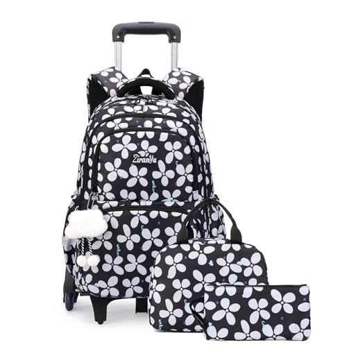 Bansusu 3Pcs Kids Rolling Backpack for Girls with Lunch Bag, Lucky Leaf School Bag Girls Roller Backpack with 6 Wheels, Black - color: 3pcs-6 Wheels-black