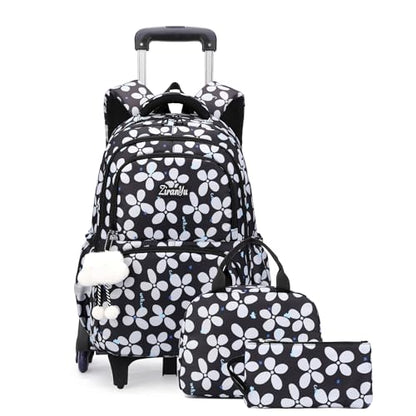 Bansusu 3Pcs Kids Rolling Backpack for Girls with Lunch Bag, Lucky Leaf School Bag Girls Roller Backpack with 6 Wheels, Black - color: 3pcs-6 Wheels-black