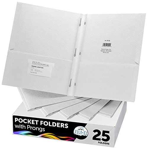 FILE-EZ Two-Pocket Folders with 3-Prong Fasteners, White Color, 25-Pack, Durable Textured Paper, Matte Finish, Letter Sheet Size (EZ-92510) - color: White
