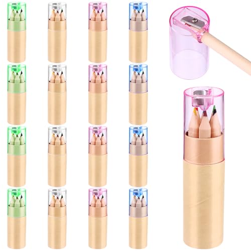 아동용 미니 드로잉 색연필 16팩 - 8.4cm(3.3인치) 짧고 뚱뚱한 색연필, 튜브 포함, 성인 컬러링 북, 교실 학교용