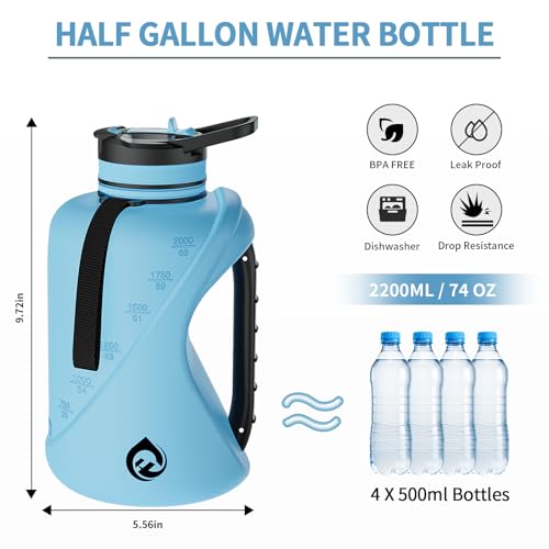 64oz Half Gallon Water Bottle with Straw & Chug Lid, Dishwasher Safe BPA-Free PP Plastic Jug, Heavy Duty Shatter-proof Gym Bottle with Handle & Carrying Strap - color: Blue, size: 74 Ounces