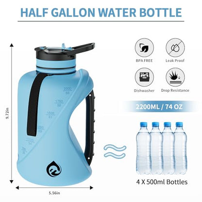 64oz Half Gallon Water Bottle with Straw & Chug Lid, Dishwasher Safe BPA-Free PP Plastic Jug, Heavy Duty Shatter-proof Gym Bottle with Handle & Carrying Strap - color: Blue, size: 74 Ounces