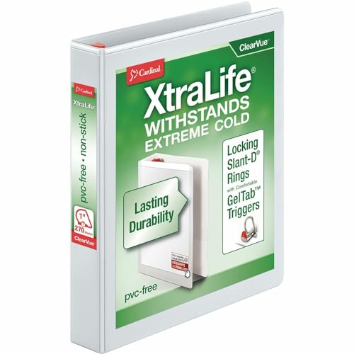 Cardinal 3 Ring Binder, 1 Inch Heavy Duty XtraLife Binder, Locking Slant-D Rings, Crack-Resistant Cover & Spine, ClearVue Covers, Holds 270 Sheets, PVC-Free, White (26300CB) - color: White, size: 1-Inch