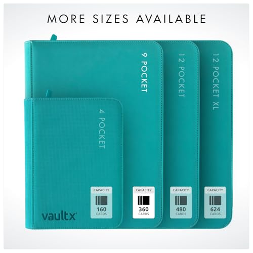 Vault X 9 Pocket Zip Trading Card Binder 360 Cards Exo-Tec (Teal) | Holds 360 standard-size TCG cards in 20 side-loading 9-pocket pages. Padded, water-resistant Exo-Tec cover. - color: Teal, size: 6.8cm x 9.7cm
