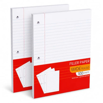 Notebook Paper Wide Ruled, Loose Leaf Paper Wide Ruled Notebook Paper Bulk, Lined Filler Paper for 3 Ring Binders - 10.5” X 8", for Student, College, School Classroom - 100 Sheets/Pack (2 Pack) - style: 2 Pack